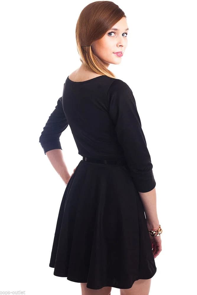 FeelTheWellness Black Plain Belted Skater Dress